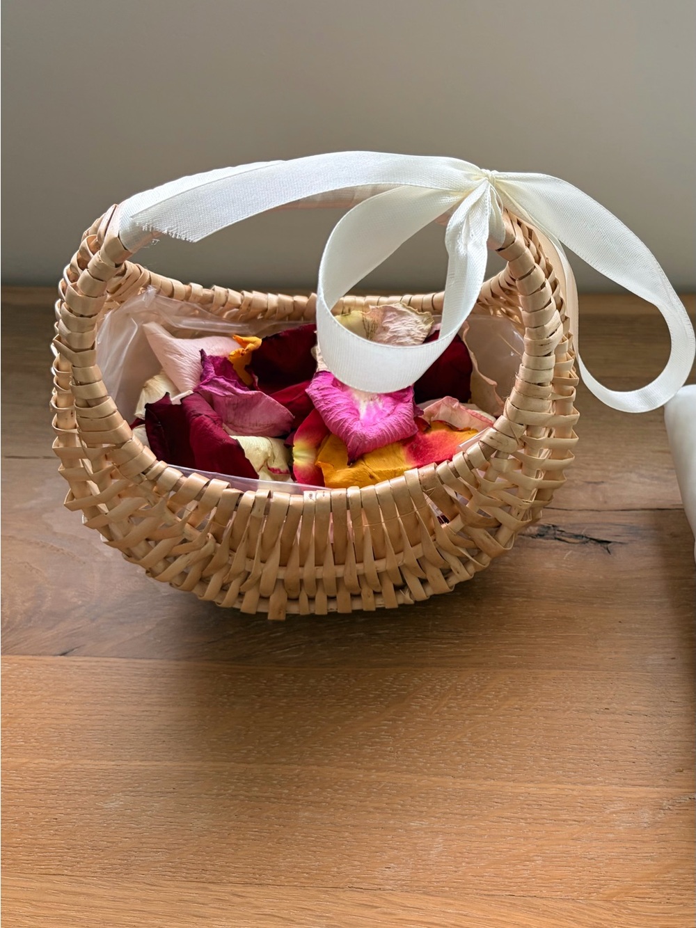 Woven Half Moon Wicker Rattan Basket with Handle and Ribbon
